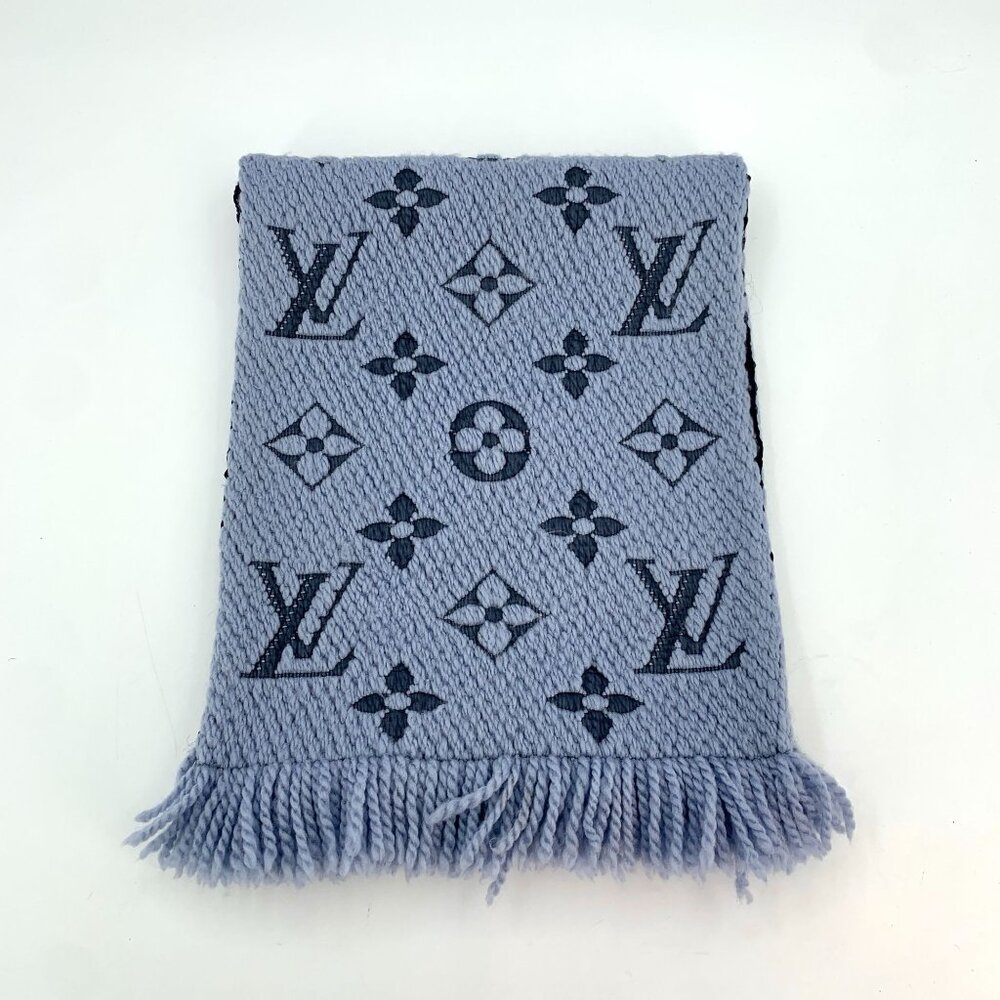 LOUIS VUITTON Monogram Wool & Silk Blend Scarf With Fringe In Light Blue & Navy
